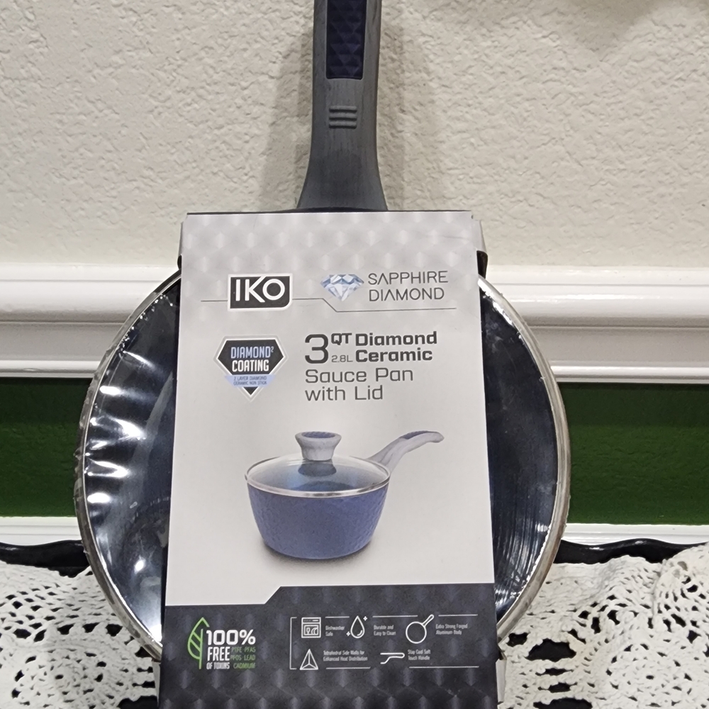 IKO Sapphire Diamond 3 QT Ceramic Sauce Pan with Lid - Blue